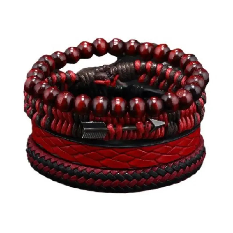 Fashion Vintage Men's Leather Bracelet Cupid's Arrow Wooden Beaded Leather Hand Woven Retro Fashion Bracelets For Men