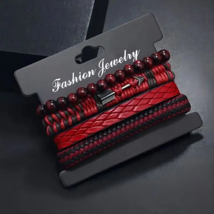Fashion Vintage Men's Leather Bracelet Cupid's Arrow Wooden Beaded Leather Hand Woven Retro Fashion Bracelets For Men